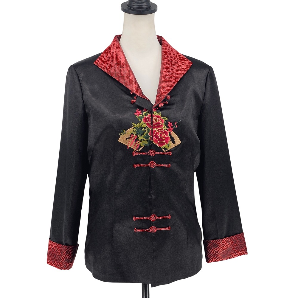 Satin Tang Embroidered Jacket S/M Black Red Floral Frog Closure Mandarin Asian